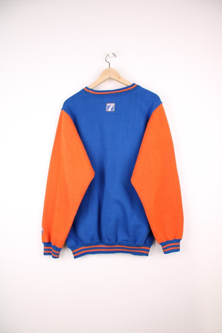 Denver Broncos sweatshirt in blue and orange with embroidered logo across the chest.