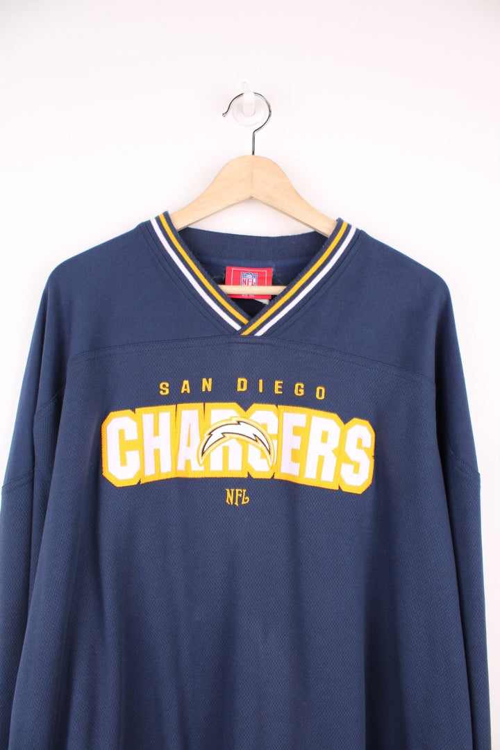 San Diego Chargers v-neck sweatshirt/jersey top in blue and yellow. Features embroidered logo across the chest.