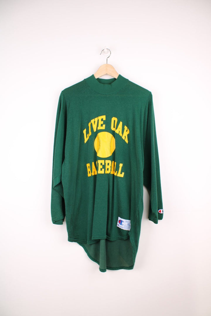 Vintage Live Oak Baseball Champion top in green and yellow with 3/4 sleeves and printed logo on the front. 