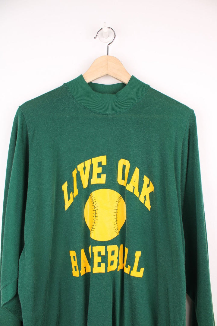 Vintage Live Oak Baseball Champion top in green and yellow with 3/4 sleeves and printed logo on the front. 