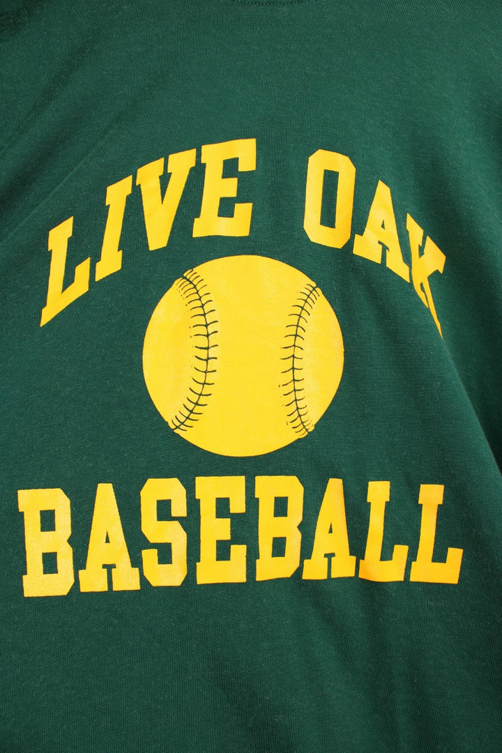 Vintage Live Oak Baseball Champion top in green and yellow with 3/4 sleeves and printed logo on the front. 