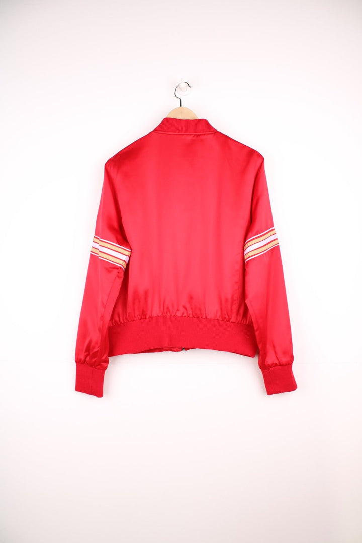 San Francisco 49ers satin zip through bomber jacket with embroidered logo across the chest.