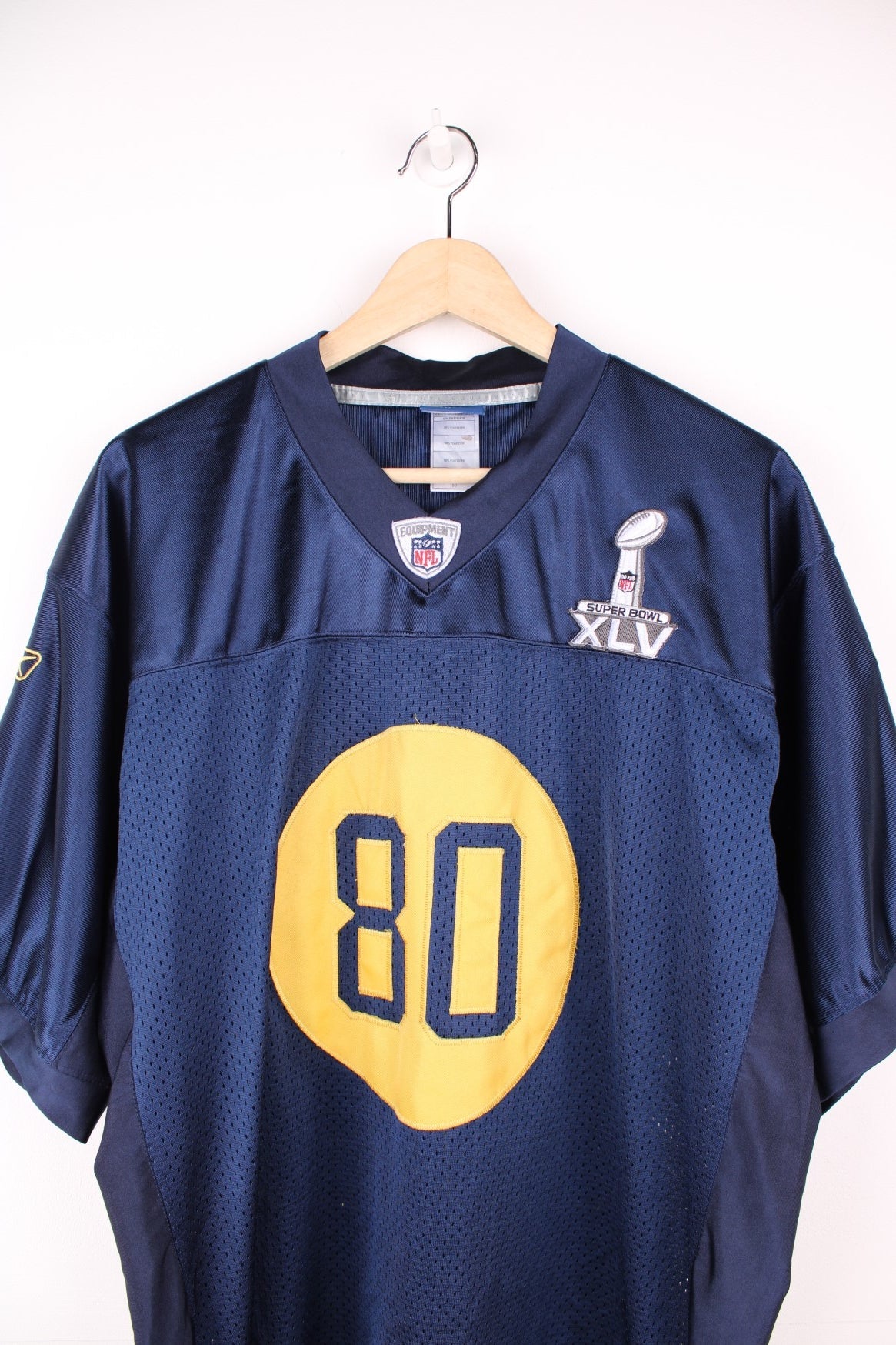 NFL Green Bay Packers Super Bowl Jersey in a blue and yellow colourway, Donald Driver number 80 embroidered on the back, and has the logos embroidered on the front. 