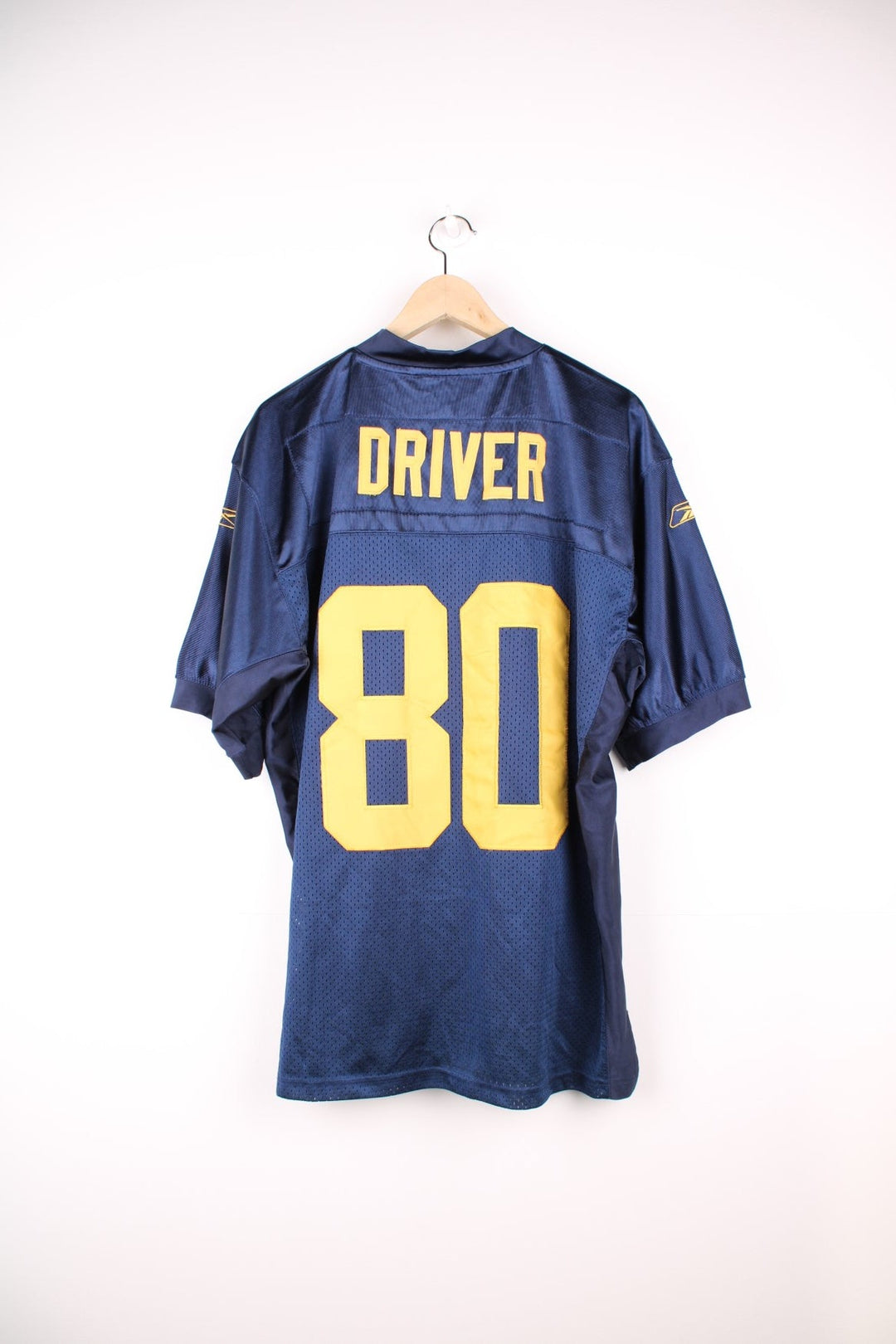 NFL Green Bay Packers Super Bowl Jersey in a blue and yellow colourway, Donald Driver number 80 embroidered on the back, and has the logos embroidered on the front. 