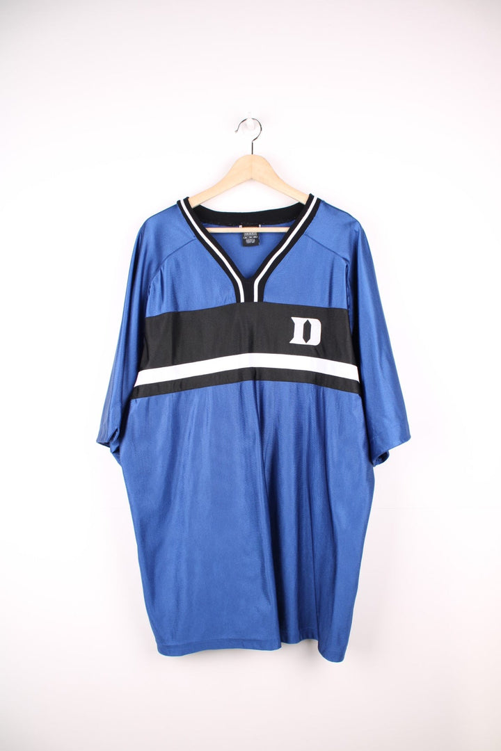 Nike Duke Blue Devils University Basketball Training Top in a blue, black and white colourway, v neck and has the logo embroidered on the front. 