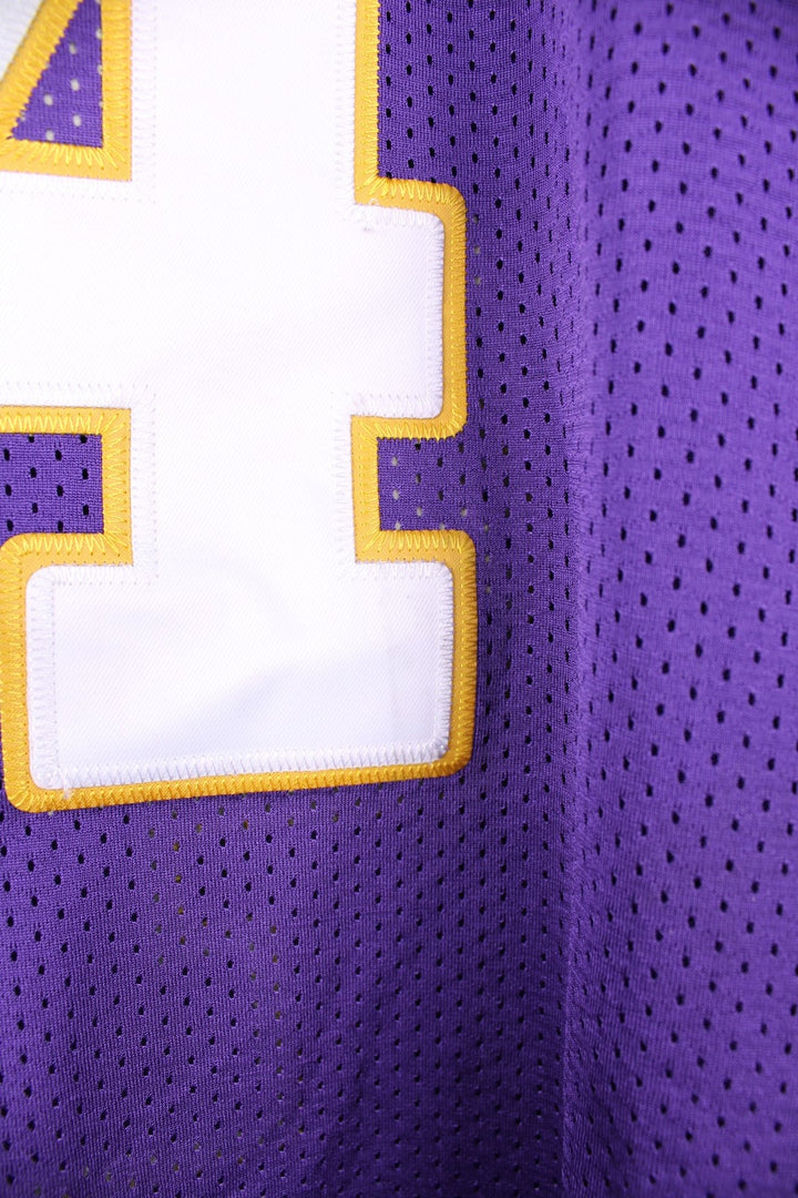 NFL Minnesota Vikings Jersey in a purple colourway, Brett Favre number 4 embroidered on the back, and has the logos on the front and sleeves. 