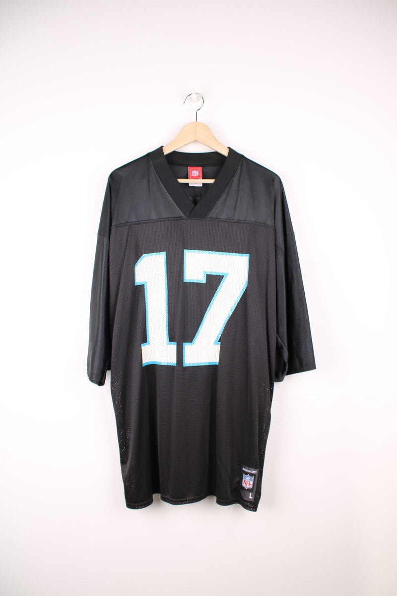 NFL Carolina Panthers Super Bowl 2004 Jersey in a black colourway, Jake Delhomme number 17 printed on the back, and has the logos on the sleeves. 