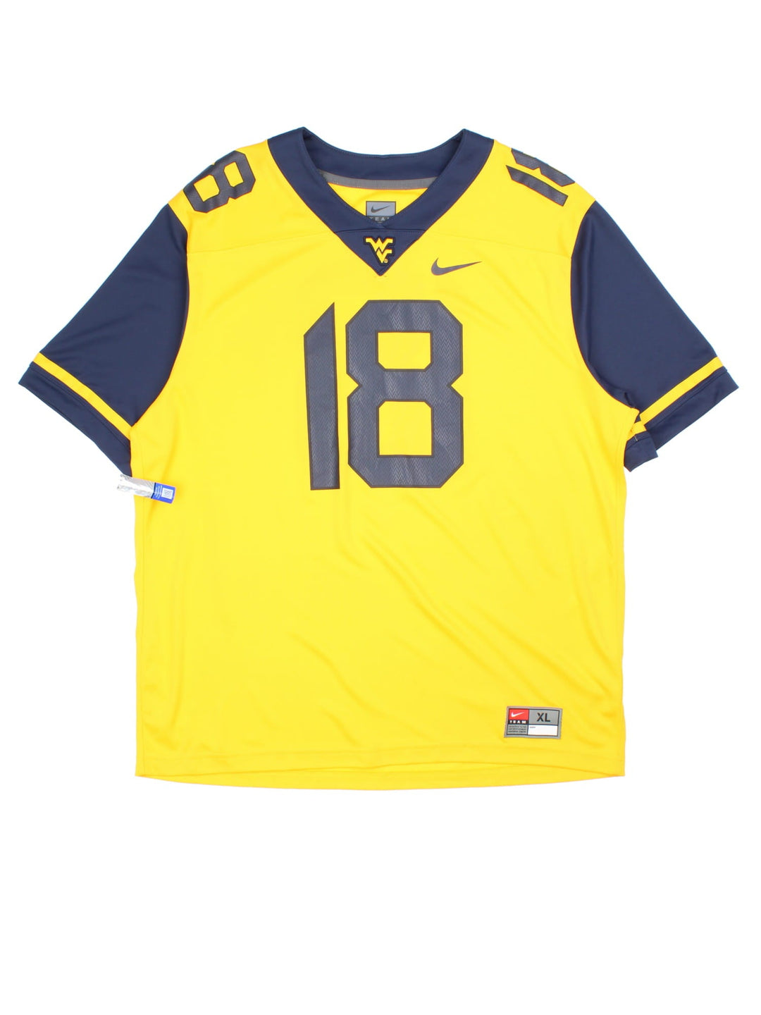 West Virginia Mountaineers Nike NFL Jersey in the yellow and navy blue kit colourway, features embroidered logos and the number 18 on the front and back.