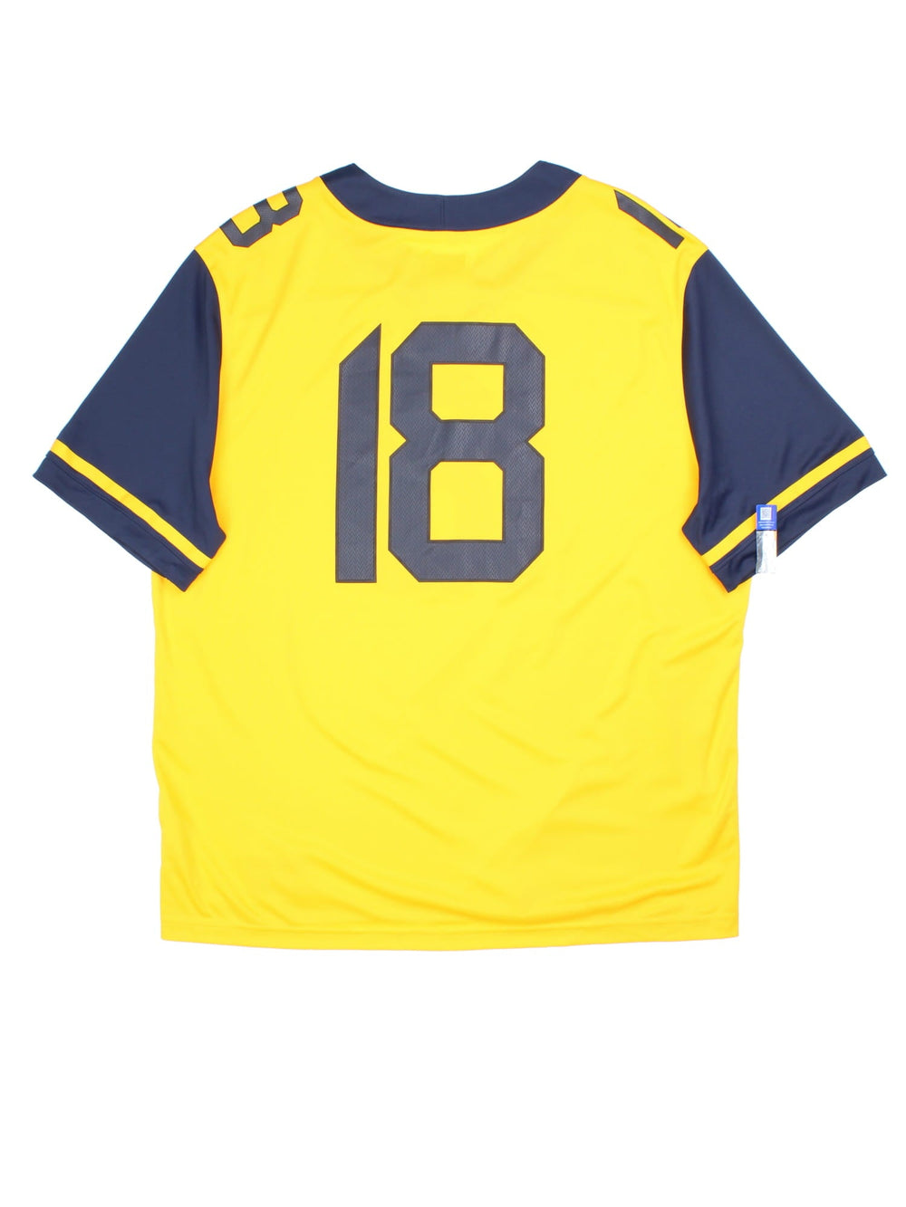 West Virginia Mountaineers Nike NFL Jersey in the yellow and navy blue kit colourway, features embroidered logos and the number 18 on the front and back.