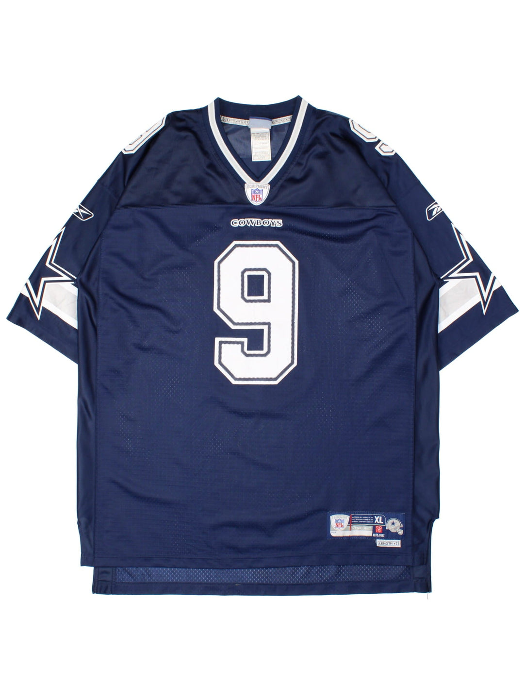 Dallas Cowboys NFL Jersey in the blue home kit colourway, features embroidered logos and badge on the front, and Tony Romo number 9 on the back.