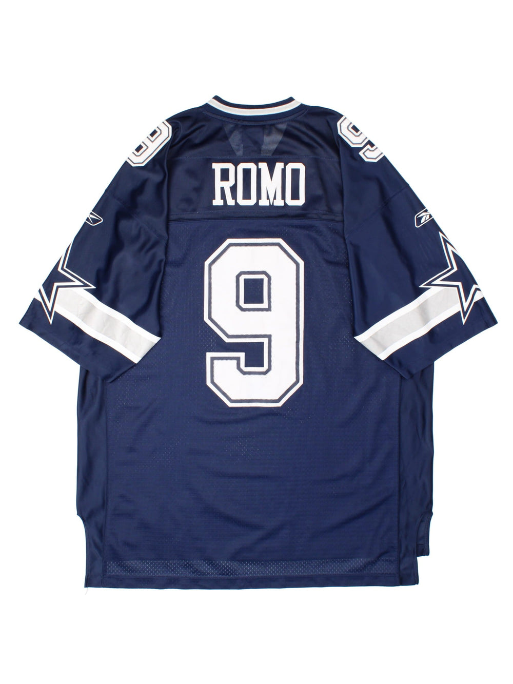 Dallas Cowboys NFL Jersey in the blue home kit colourway, features embroidered logos and badge on the front, and Tony Romo number 9 on the back.