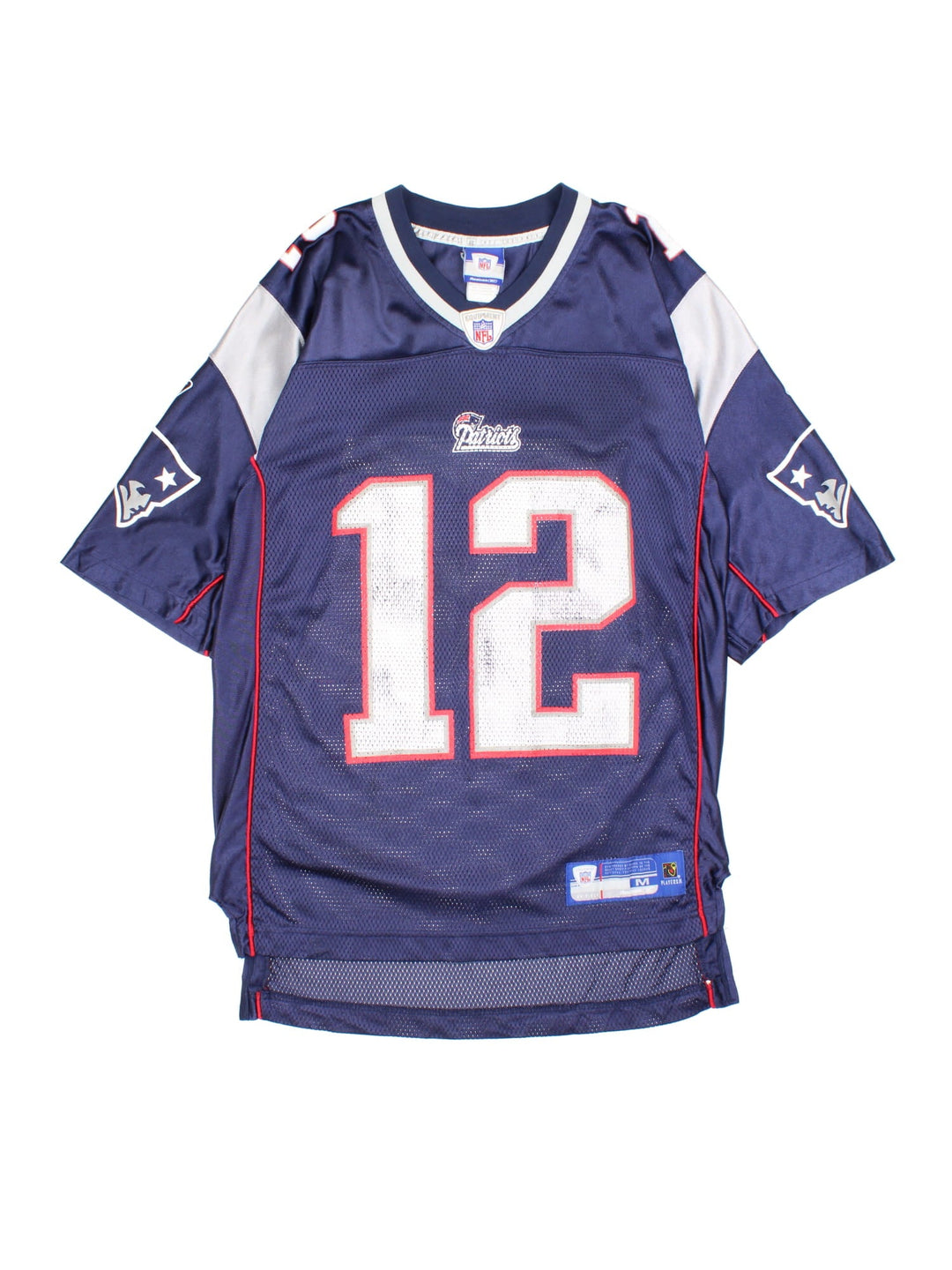 New England Patriots Tom Brady NFL Jersey in the blue home kit colourway, features printed logos and badge on the front.