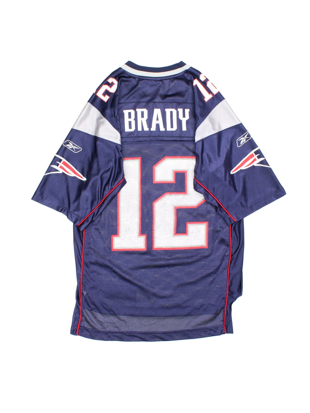 New England Patriots Tom Brady NFL Jersey in the blue home kit colourway, features printed logos and badge on the front.