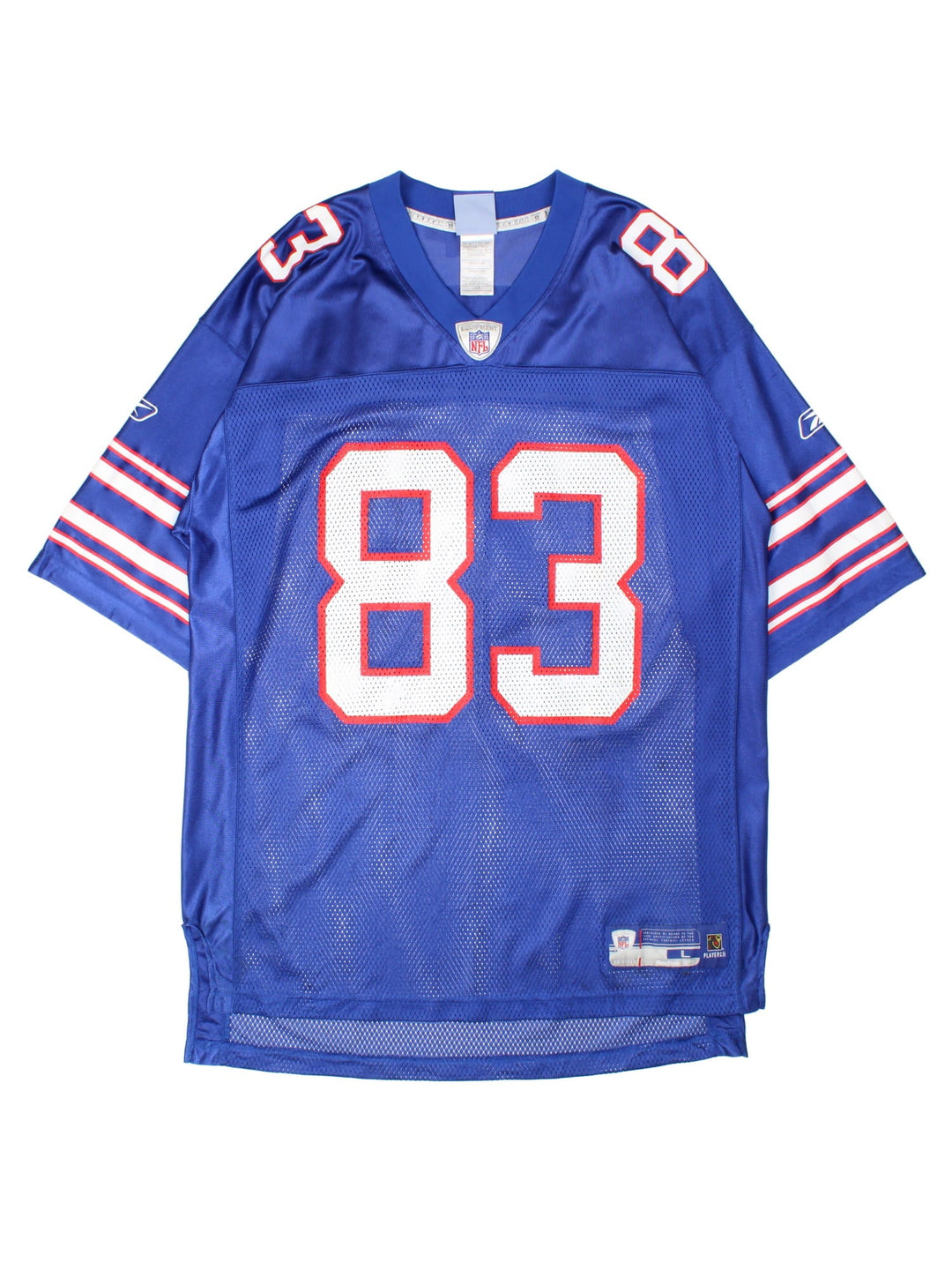 Buffalo Bills Signed Lee Evans NFL Jersey in the blue home kit colourway, features printed logo and badge on the front, and Evans number 83 signed on the back.