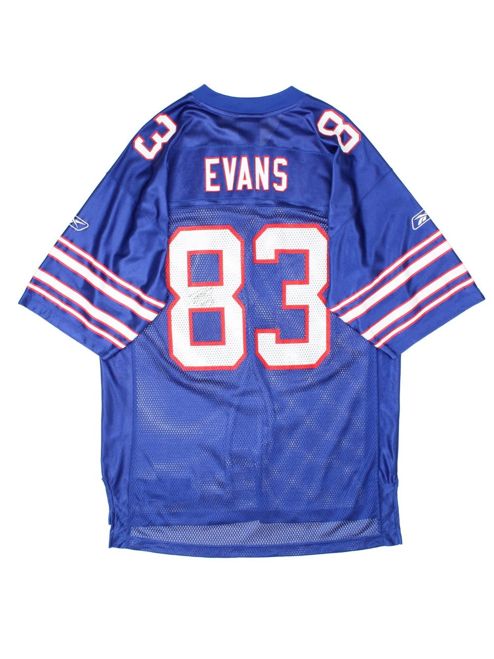 Buffalo Bills Signed Lee Evans NFL Jersey in the blue home kit colourway, features printed logo and badge on the front, and Evans number 83 signed on the back.