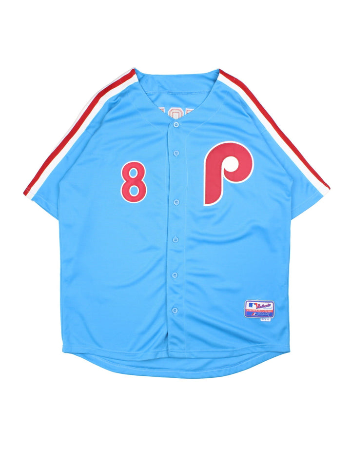 Philadelphia Phillies MLB Jersey in the blue, white and red kit colourway, features embroidered logos and badge on the front, and Victorino number 8 on the back with signature on the number.