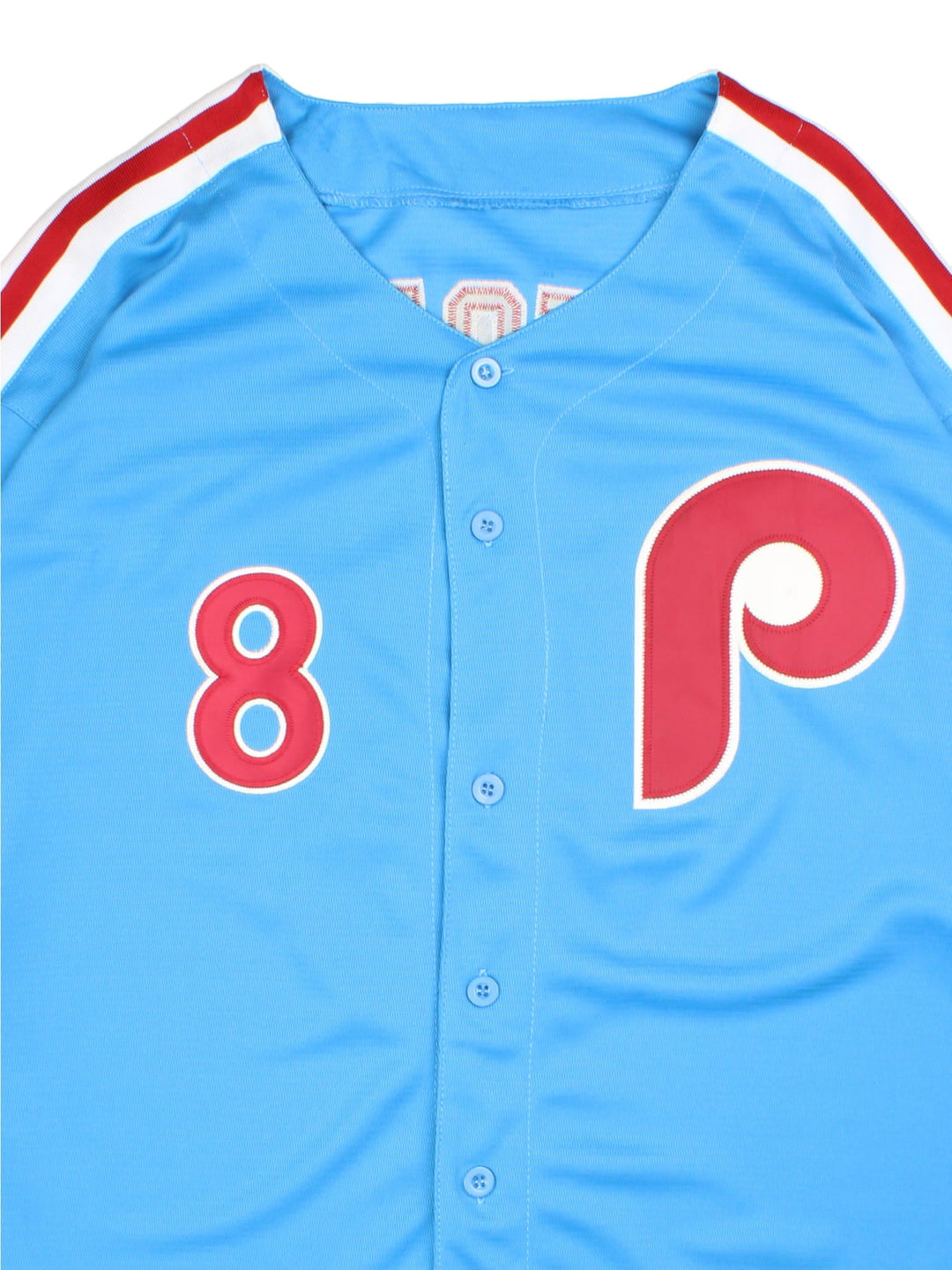 Philadelphia Phillies MLB Jersey in the blue, white and red kit colourway, features embroidered logos and badge on the front, and Victorino number 8 on the back with signature on the number.