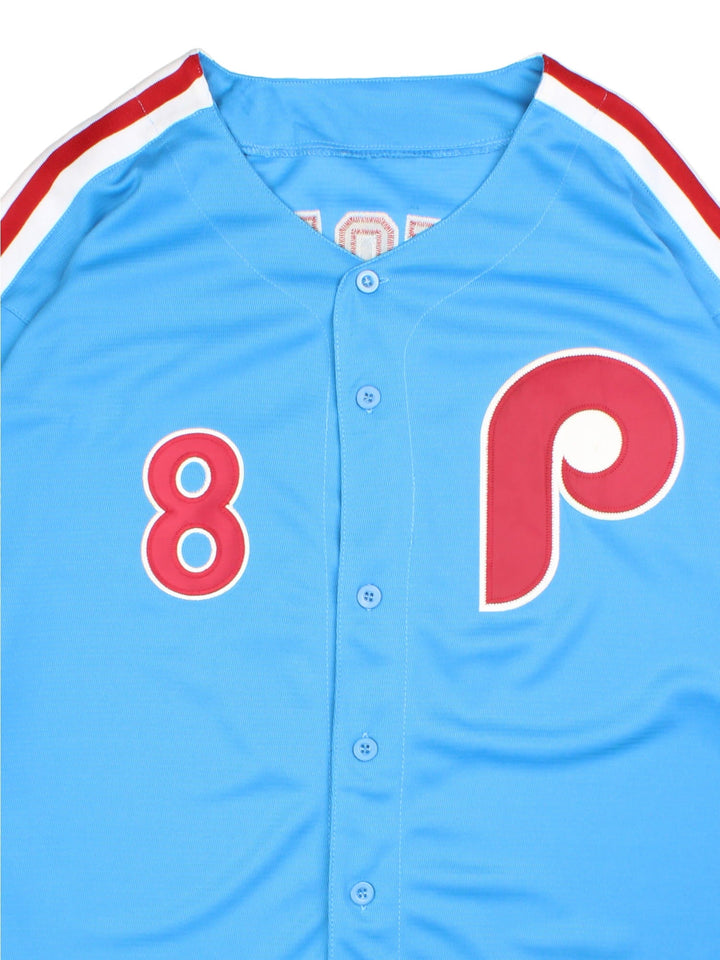 Philadelphia Phillies MLB Jersey in the blue, white and red kit colourway, features embroidered logos and badge on the front, and Victorino number 8 on the back with signature on the number.