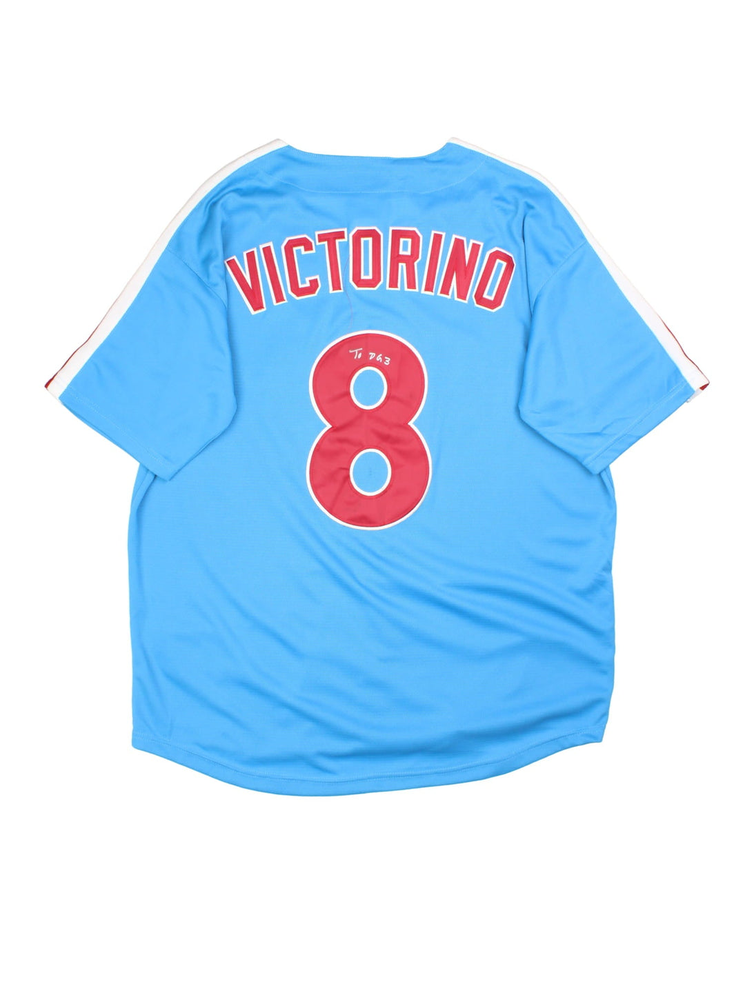 Philadelphia Phillies MLB Jersey in the blue, white and red kit colourway, features embroidered logos and badge on the front, and Victorino number 8 on the back with signature on the number.