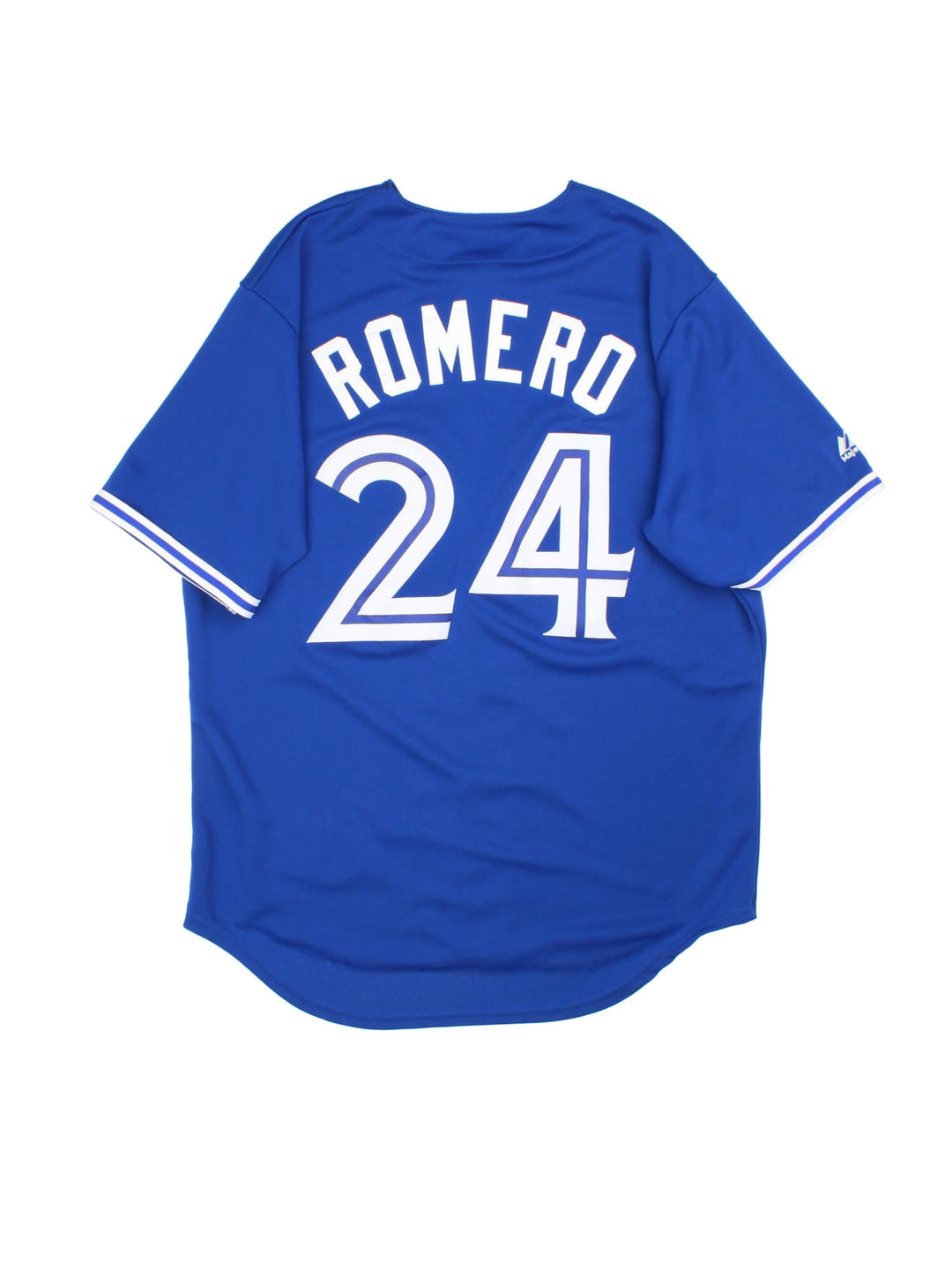 Toronto Blue Jays Romero MLB Jersey in the blue home kit colourway, features embroidered logos and badge on the front, and Romero number 24 on the back.