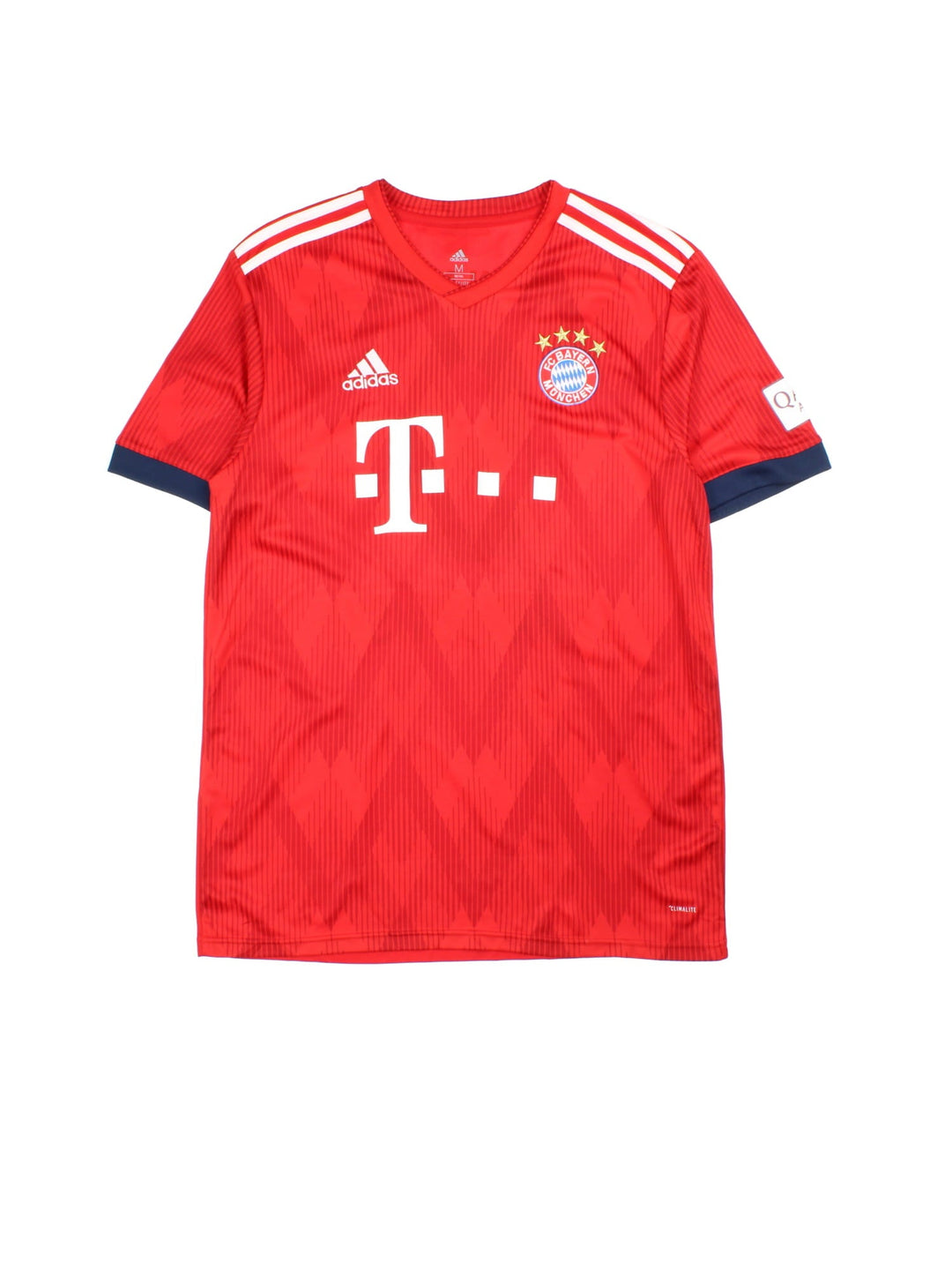 Bayern Munich 2018/19 Adidas Football Shirt in the red home kit colourway, features embroidered logos and badge on the front, and Lewandowski number 9 on the back.