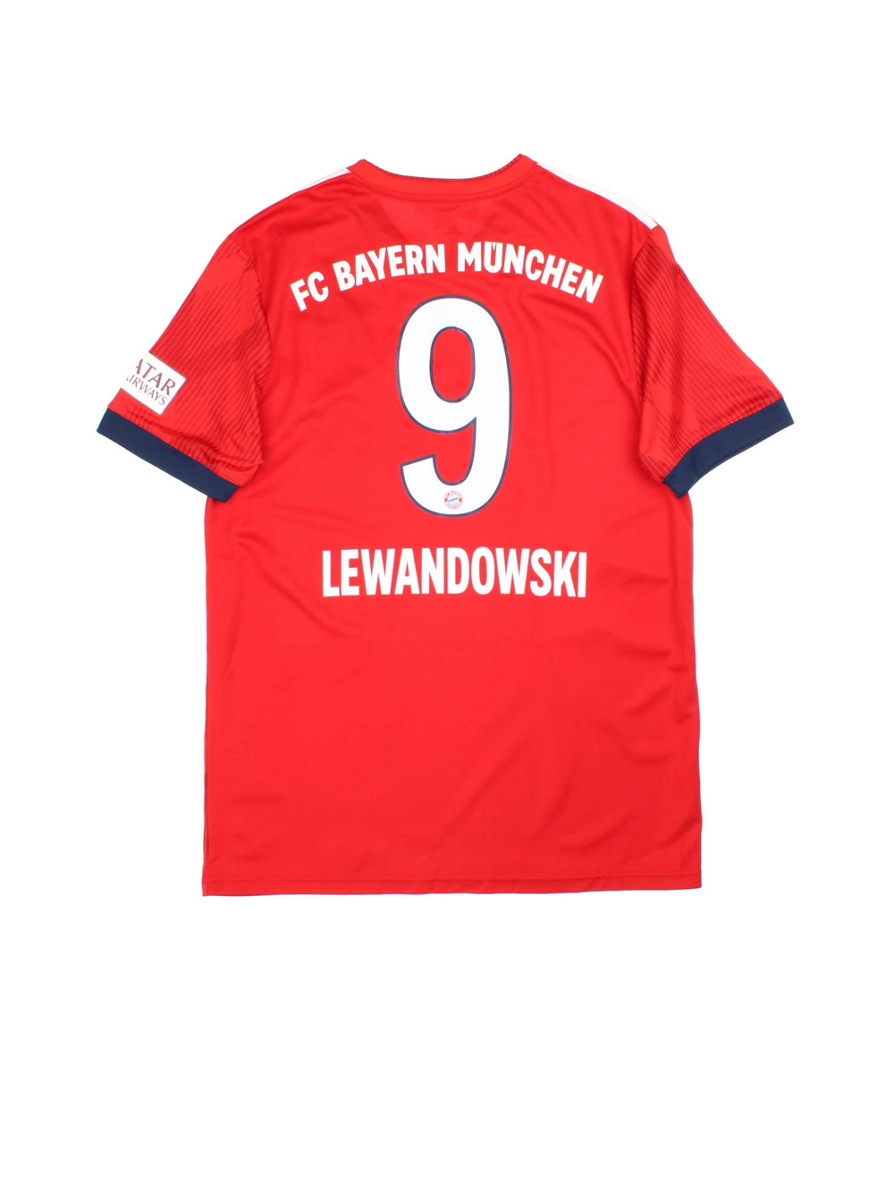 Bayern Munich 2018/19 Adidas Football Shirt in the red home kit colourway, features embroidered logos and badge on the front, and Lewandowski number 9 on the back.