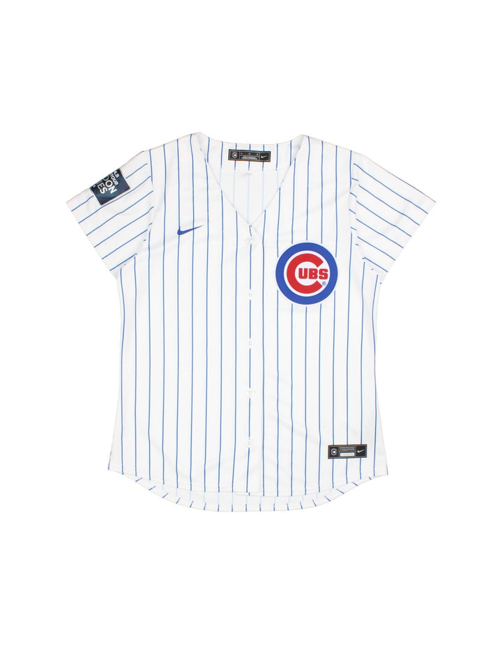 Chicago Cubs Nike MLB Jersey in the white colourway, logo embroidered on the chest with blue stripe detailing. World tour London series badge on sleeve.