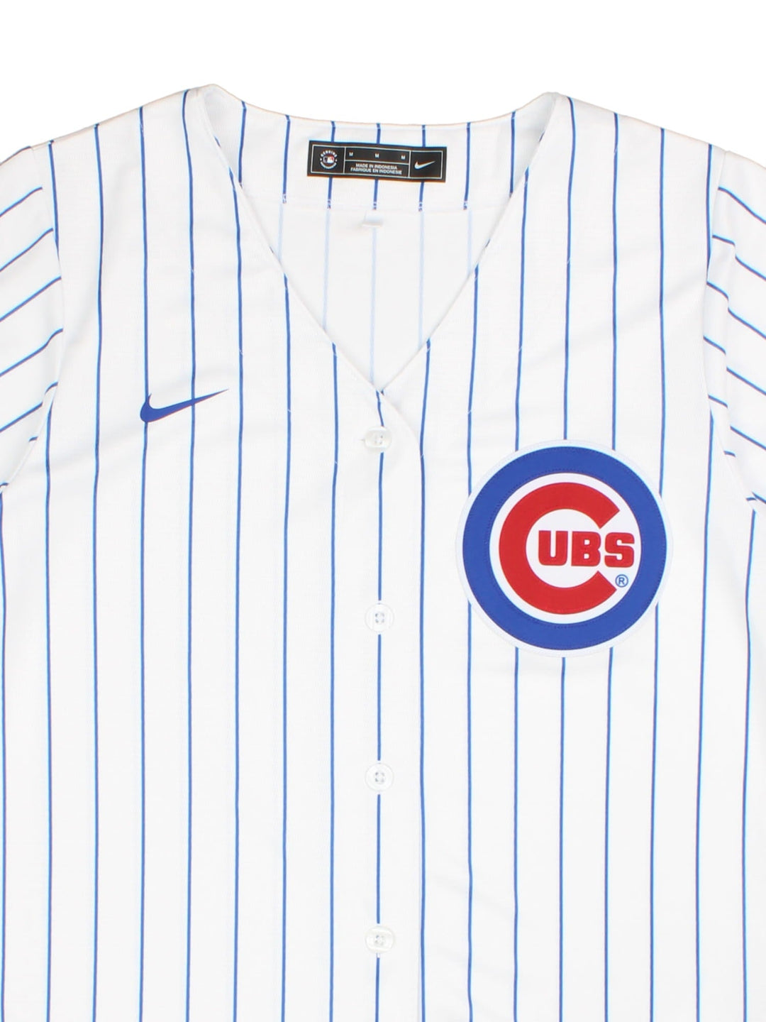 Chicago Cubs Nike MLB Jersey in the white colourway, logo embroidered on the chest with blue stripe detailing. World tour London series badge on sleeve.