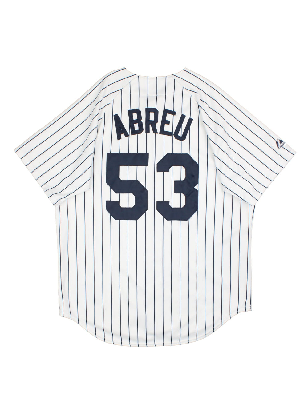 New York Yankees Majestic MLB Jersey in the white home kit colourway, features classic logo on front and traditional blue stripe detailing, button down front, has the player name ABREU and number 53 on the back.