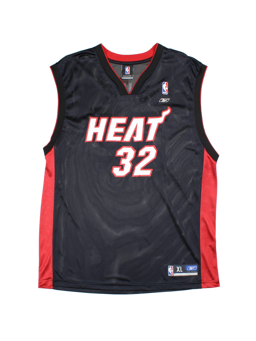 Miami Heat Reebok NBA Jersey in the black away kit colourway with red detailing. #32 Shaq O'Neal on the back with the team logo on front