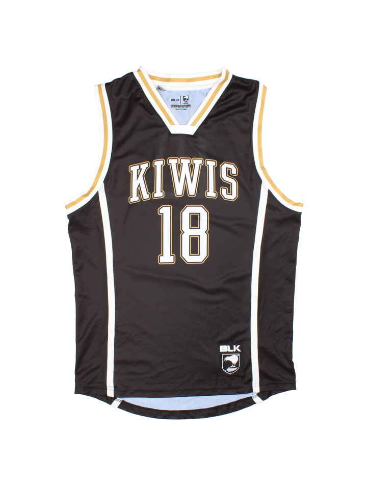 Vintage New Zealand Kiwi Rugby League Basketball Style Vest Jersey in a black home kit colourway, features printed name across chest and number on front and back.