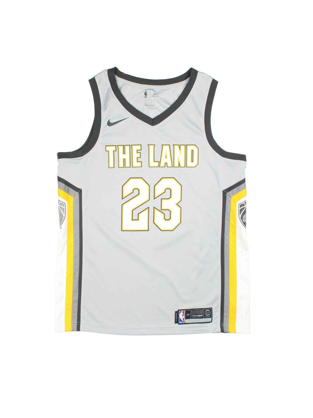 Cleavland Cavaliers Nike Lebron James NBA Jersey in the grey colourway, features The Land logo across the chest and player number 23 on front and back.