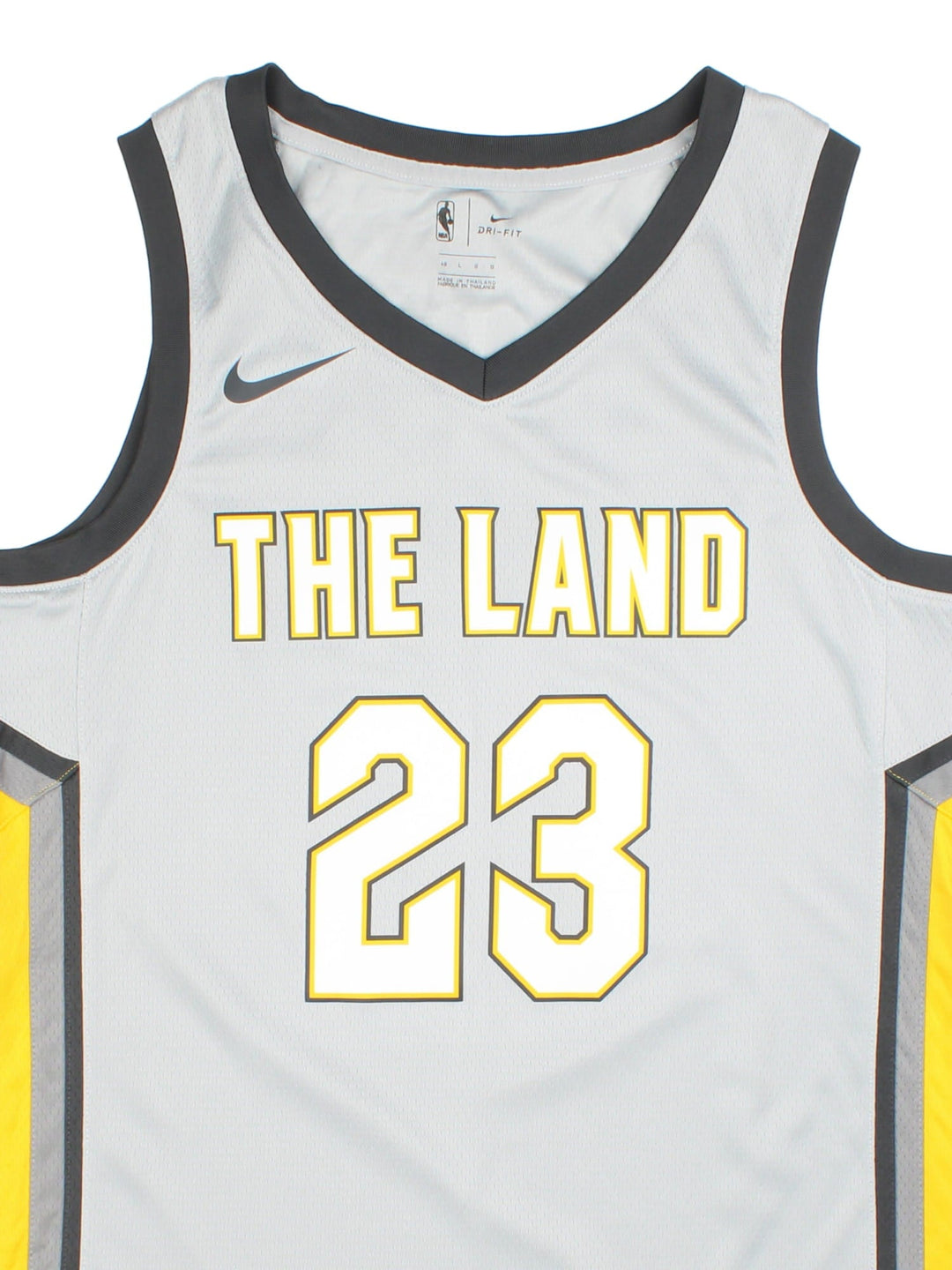 Cleavland Cavaliers Nike Lebron James NBA Jersey in the grey colourway, features The Land logo across the chest and player number 23 on front and back.