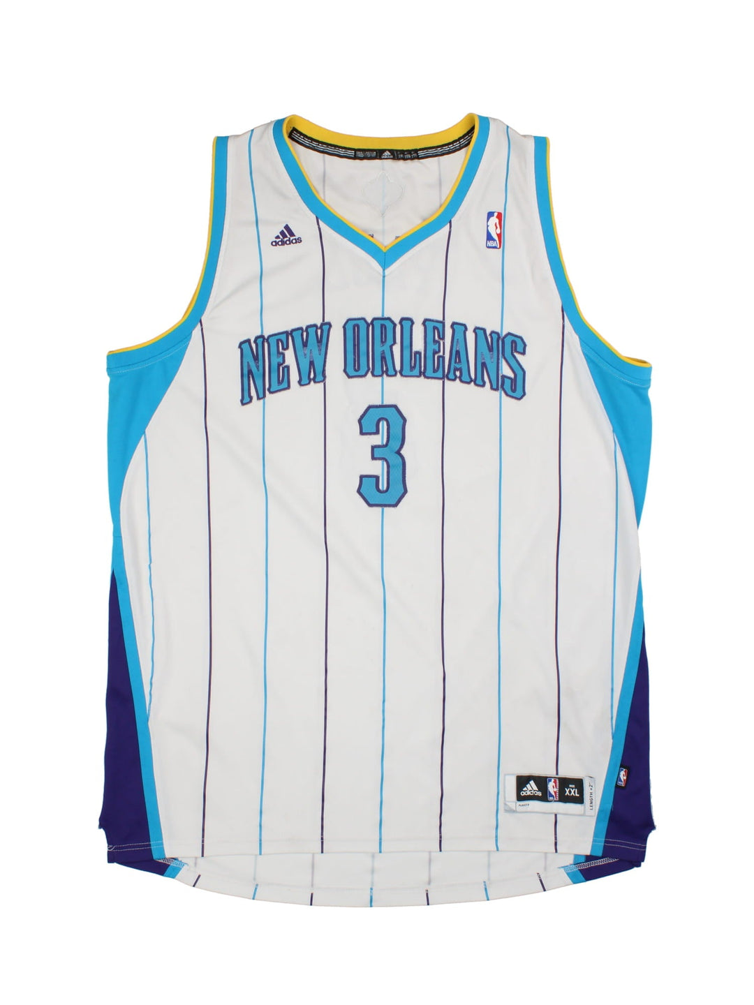 New Orleans Hornets Adidas  Chris Paul #3 NBA Jersey in the white colourway, features embroidered logo, badge and player name and number.