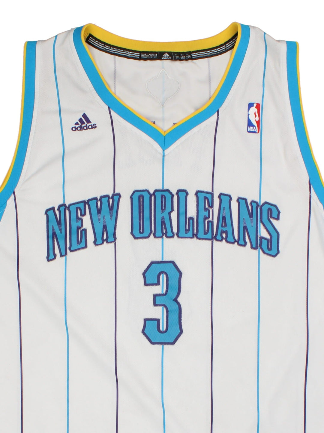 New Orleans Hornets Adidas  Chris Paul #3 NBA Jersey in the white colourway, features embroidered logo, badge and player name and number.