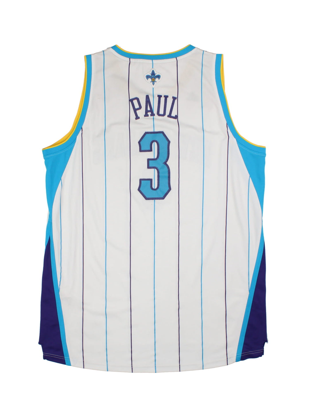 New Orleans Hornets Adidas  Chris Paul #3 NBA Jersey in the white colourway, features embroidered logo, badge and player name and number.