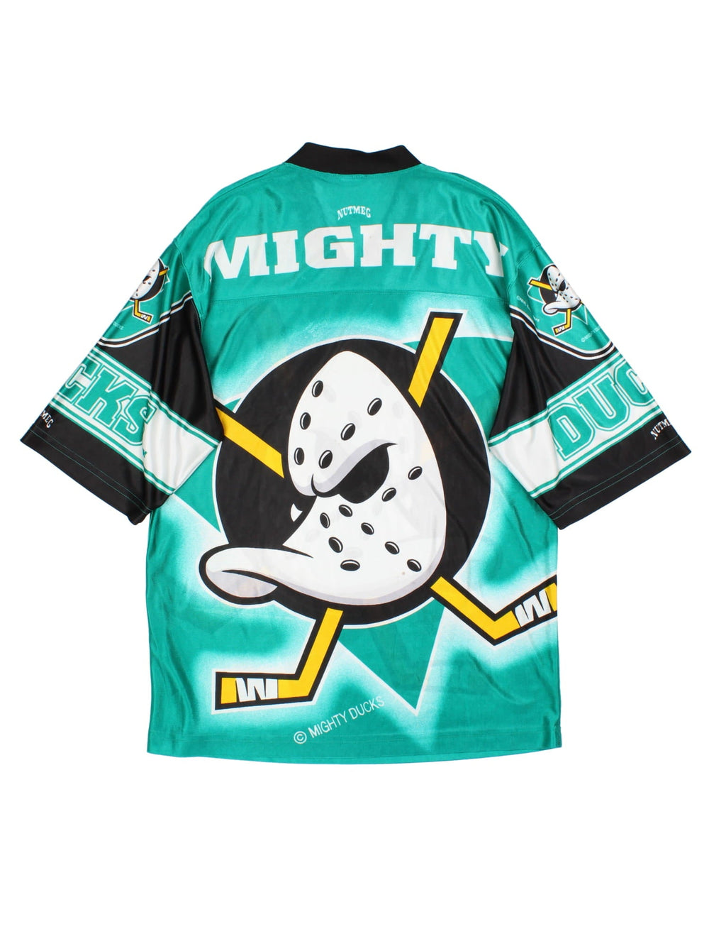 Vintage Nutmeg Mighty Ducks NHL Jersey in the green colourway, features large logo graphic on front and back with smaller logo on sleeves.