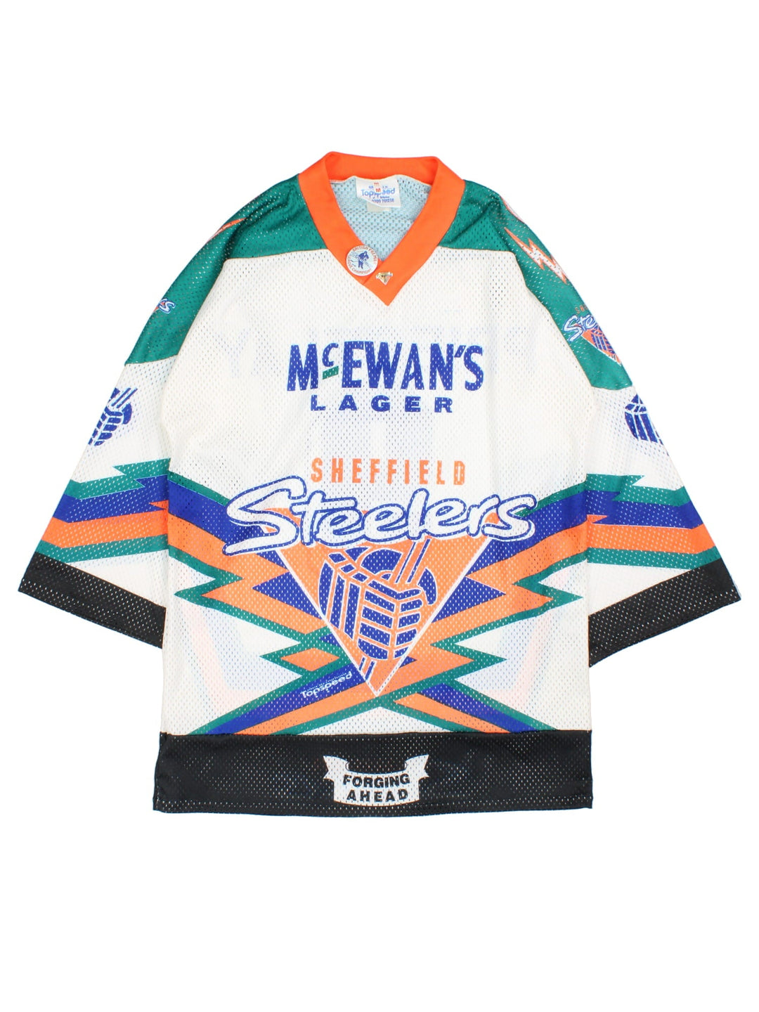 Vintage Sheffield Steelers Ice Hockey Jersey in the white colourway, features large logo and graphic and badge on the front. Two vintage 90's badge pins attached to collar and player name and number on back.