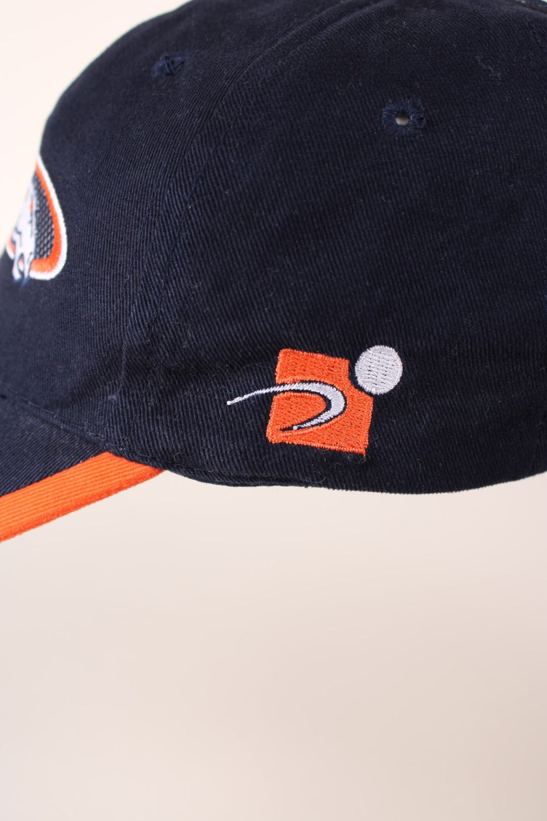 NFL Denver Broncos baseball cap in navy blue and orange with embroidered logo and adjustable velcro strap. 