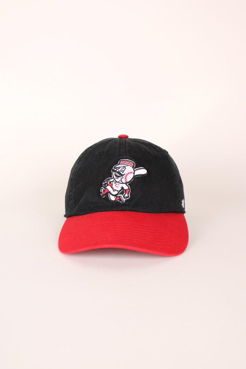 MLB Cincinnati Reds Baseball Cap in black and red with adjustable strap on the back.