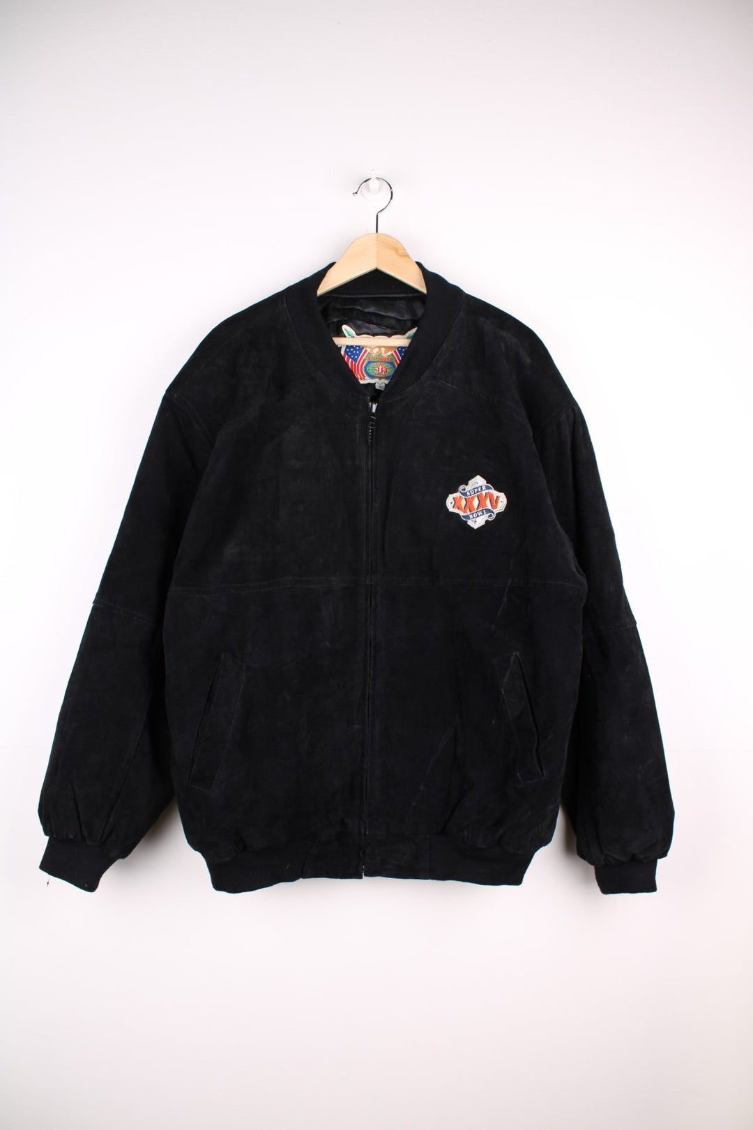 Vintage Jeff Hamilton, Super Bowl 2001, bomber jacket that features a heavyweight suede outer with a thick quilted inner lining, embroidered with a graphic on the front and spell-out Super bowl 2001.