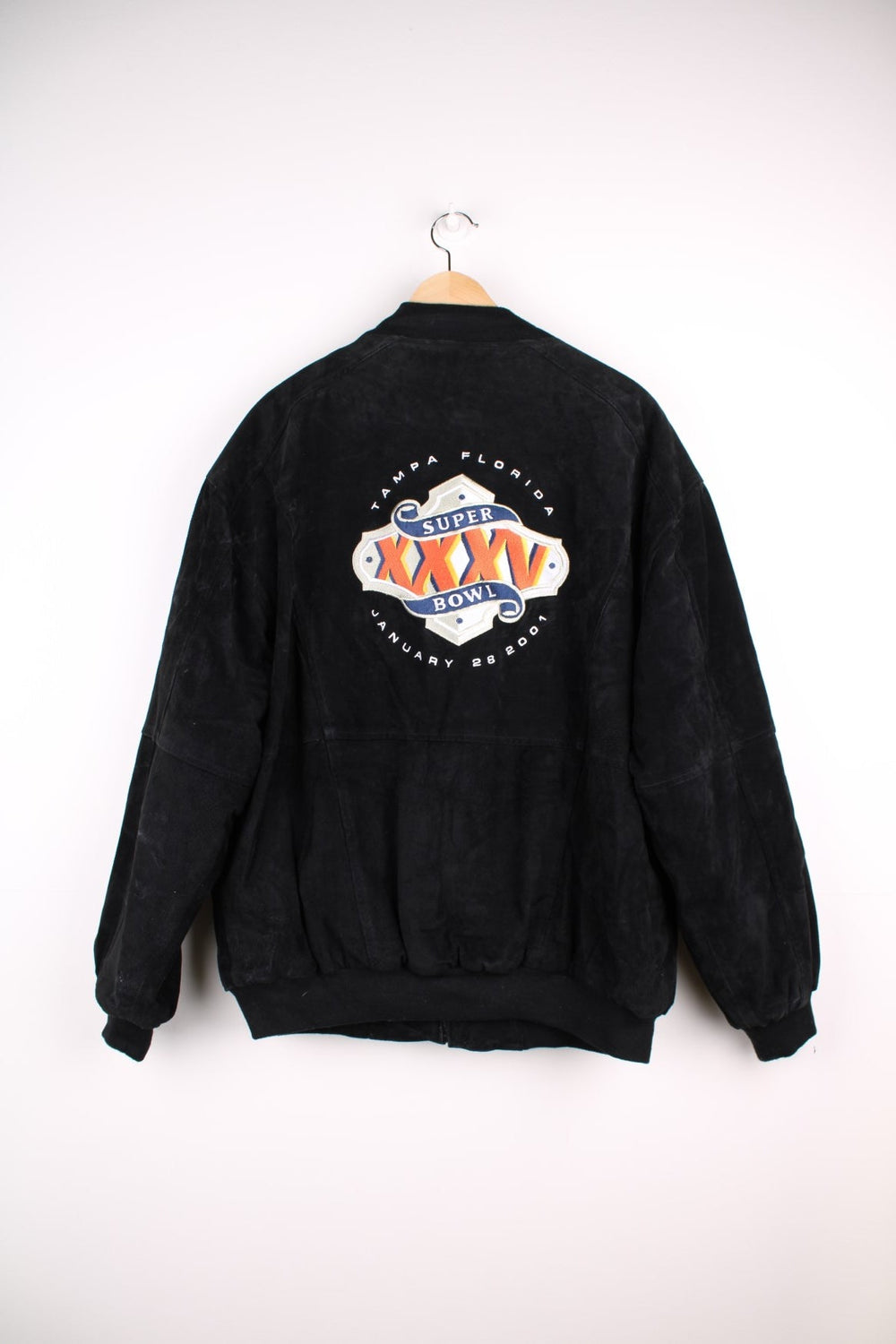 Vintage Jeff Hamilton, Super Bowl 2001, bomber jacket that features a heavyweight suede outer with a thick quilted inner lining, embroidered with a graphic on the front and spell-out Super bowl 2001.