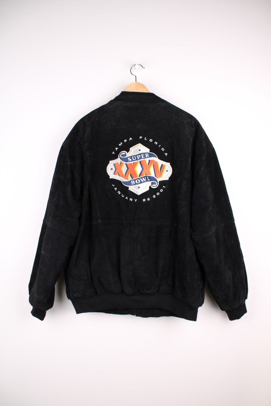 Vintage Jeff Hamilton, Super Bowl 2001, bomber jacket that features a heavyweight suede outer with a thick quilted inner lining, embroidered with a graphic on the front and spell-out Super bowl 2001.