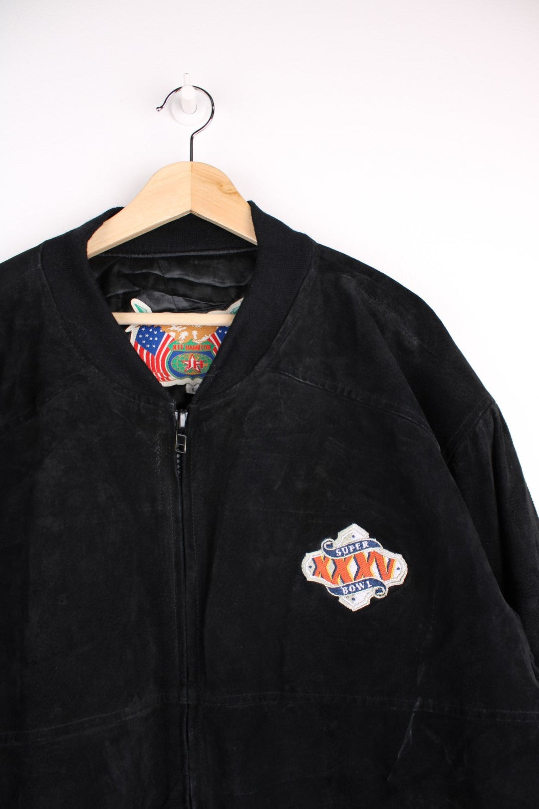 Vintage Jeff Hamilton, Super Bowl 2001, bomber jacket that features a heavyweight suede outer with a thick quilted inner lining, embroidered with a graphic on the front and spell-out Super bowl 2001.