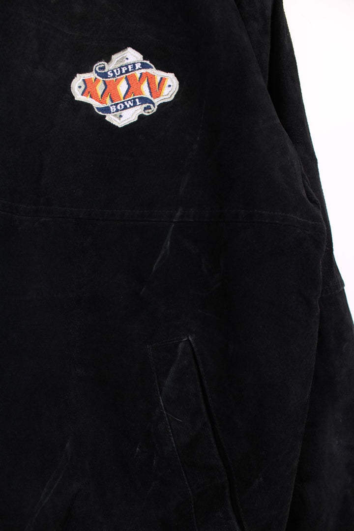 Vintage Jeff Hamilton, Super Bowl 2001, bomber jacket that features a heavyweight suede outer with a thick quilted inner lining, embroidered with a graphic on the front and spell-out Super bowl 2001.