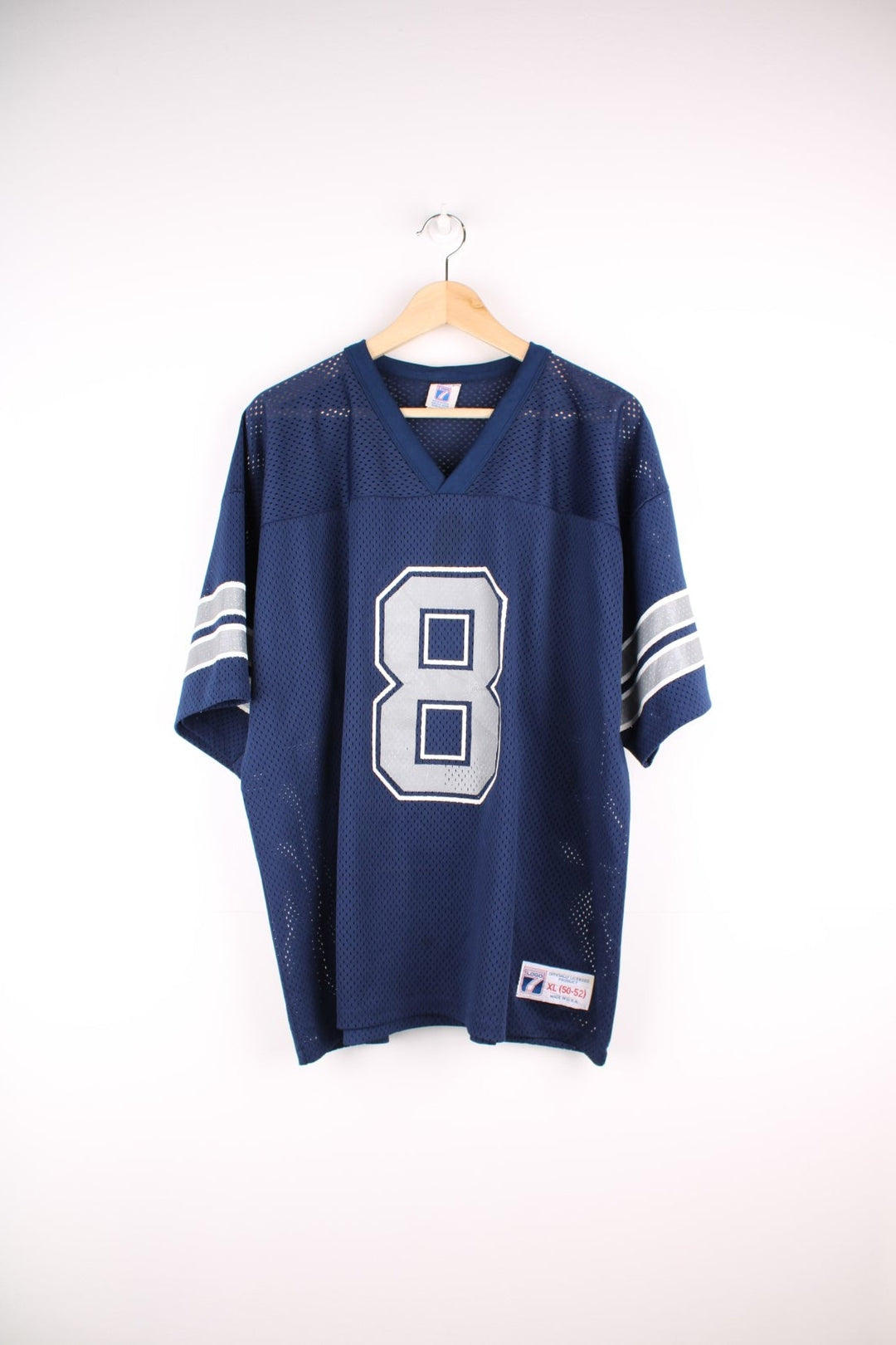 Dallas Cowboys Troy Aikman NFL jersey in blue with white and grey accents, an embroidered Logo 7 patch on the lower left side, and a number 8 printed on the front and back.