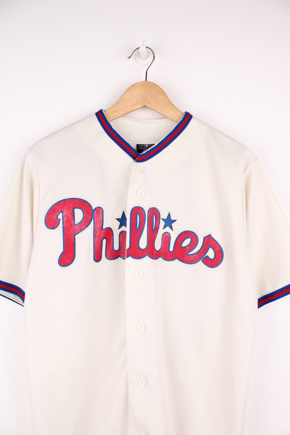 Philadelphia Phillies, Lee #33, button up baseball jersey by majestic. Features embroidered spell out logo across the chest.