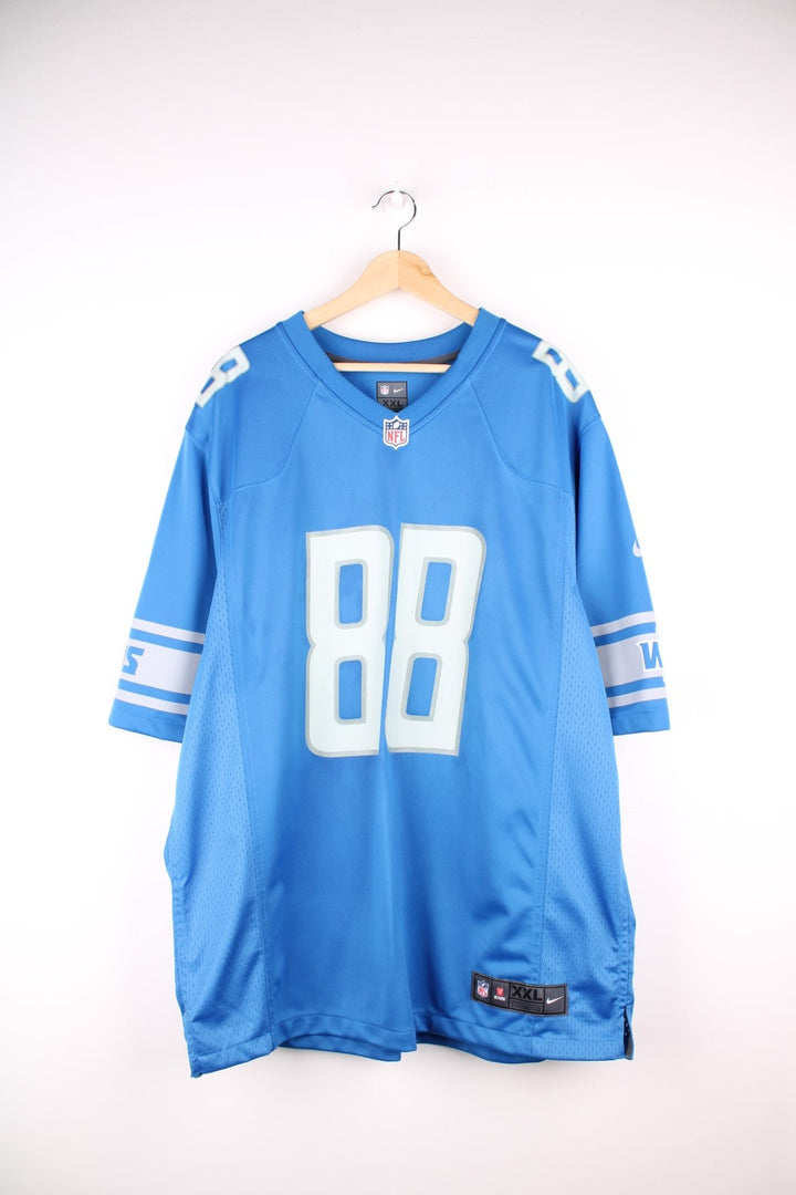 Nike Detroit Lions NFL Hockenson jersey in blue with grey accents, printed logos and 88 on the front and back. 