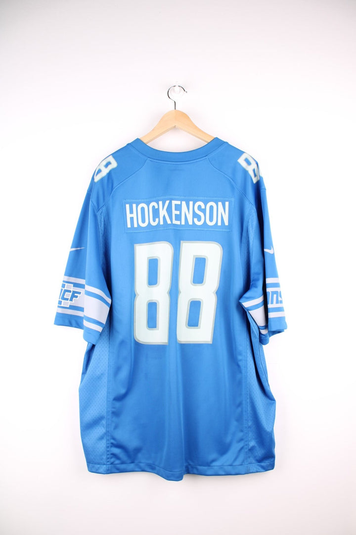 Nike Detroit Lions NFL Hockenson jersey in blue with grey accents, printed logos and 88 on the front and back. 