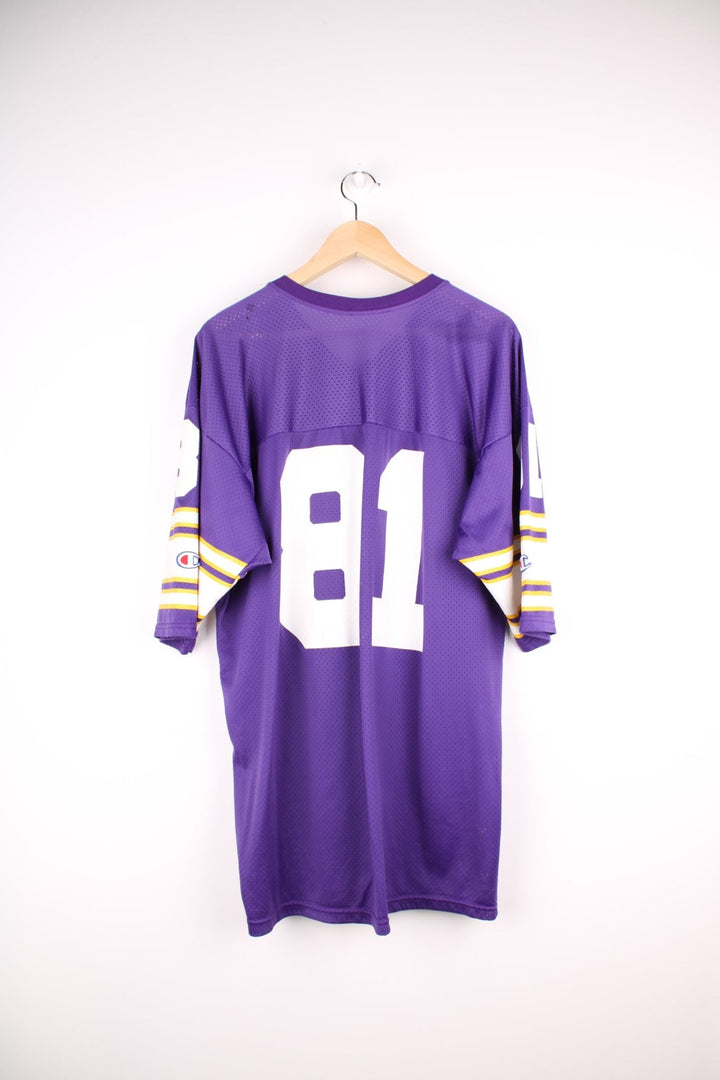  Champion Minnesota Vikings NFL jersey in purple with yellow and white accent stripes, an embroidered logo on the sleeve, and no.81 on the front, back and each sleeve.